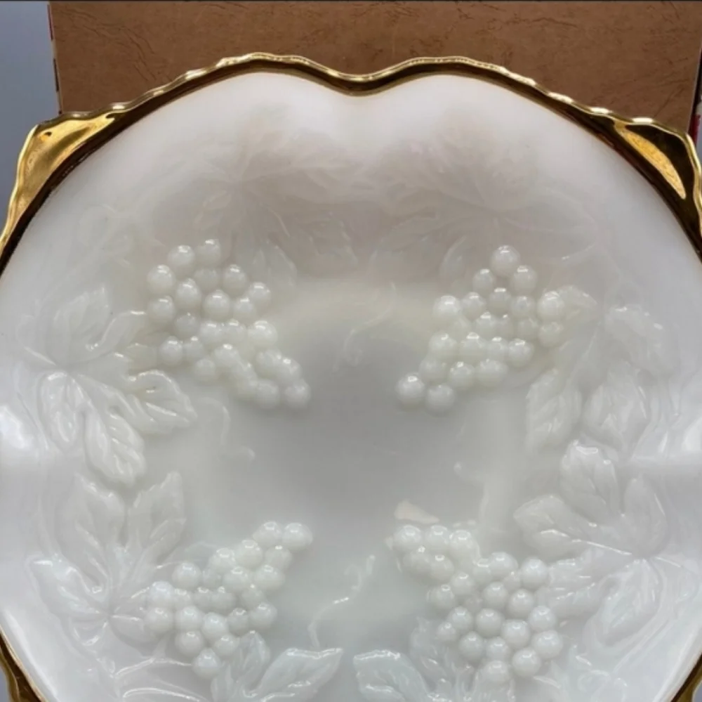 Vintage Anchor Hocking Milk Glass Grape Bowl Gold Trim Pedestal